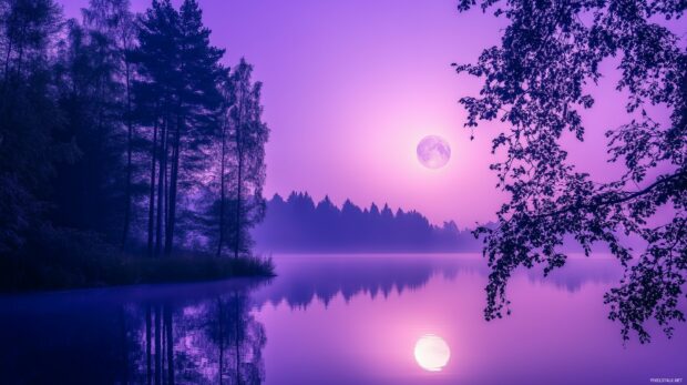 A purple moon glowing softly over a calm forest lake, its light casting an ethereal purple hue on the water.