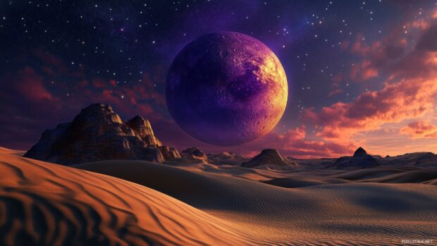 A purple moon rising over a quiet desert landscape.