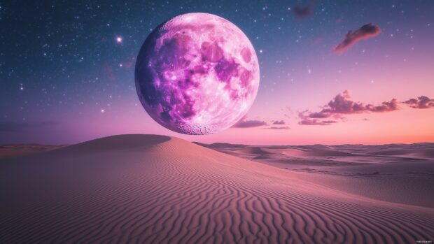 A purple moon rising over a quiet desert landscape, Moon HD Wallpaper.