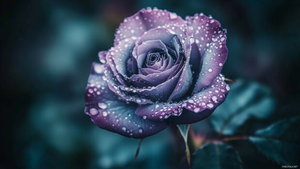 A purple rose 2K wallpaper for desktop with dew drops glistening on its petals, set against a soft focus background of muted greens.