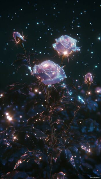 A purple roses iPhone wallpaper with glowing edges, set against a dark, starry night sky.