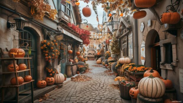 A quaint village street decorated for Halloween with vintage lanterns and pumpkins.