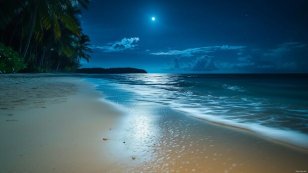 A quiet beach scene under moonlight, with the sand and gentle waves glowing softly, framed by palm trees and a calm night sky.