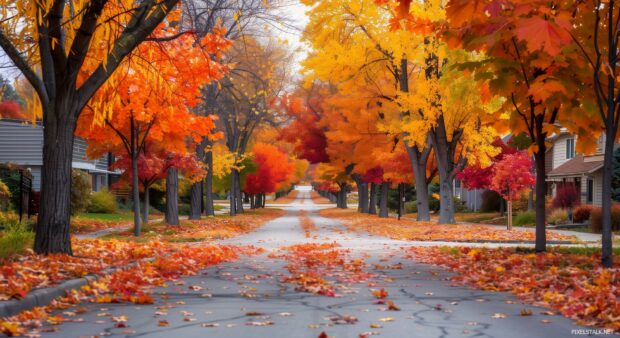 A quiet street lined with trees in full autumn colors, fallen leaves covering the sidewalk.