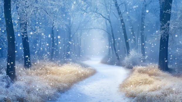 A quiet winter forest 4k wallpaper with gently falling snow, a path winding through the snow covered landscape, and tall, frosted trees creating a picturesque, wintery setting.