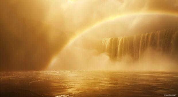 A rainbow over a waterfall, with mist and sunlight creating a magical atmosphere.