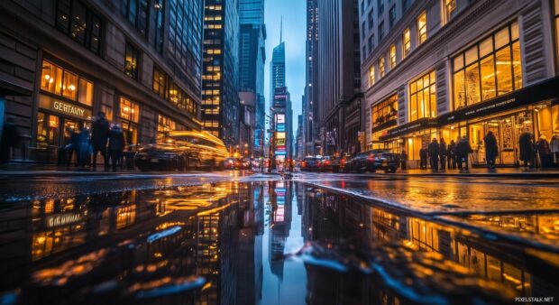 A rainy day in New York City, with reflections of skyscrapers on wet streets.