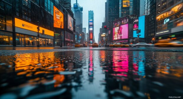 A rainy day in New York City, with reflections of skyscrapers on wet streets.