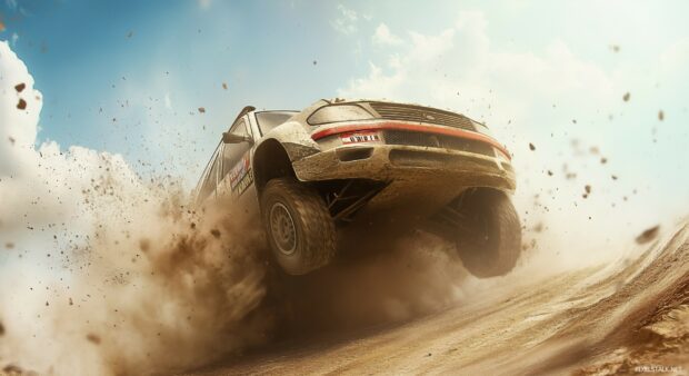 A rally car launching off a dirt ramp, caught in mid air with dust and debris trailing behind.