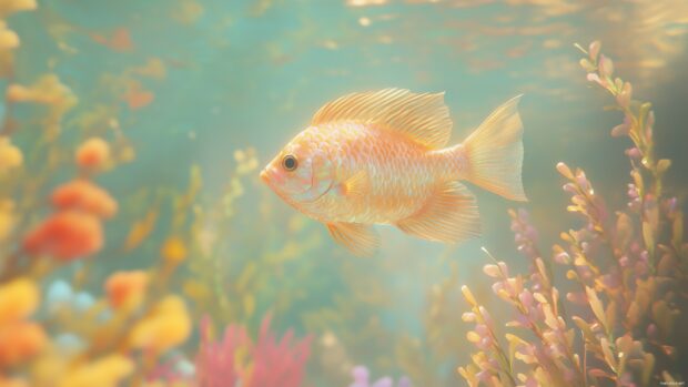 A realistic 3D fish swimming in a vibrant coral reef, its scales reflecting light, with clear water and colorful underwater plants around.