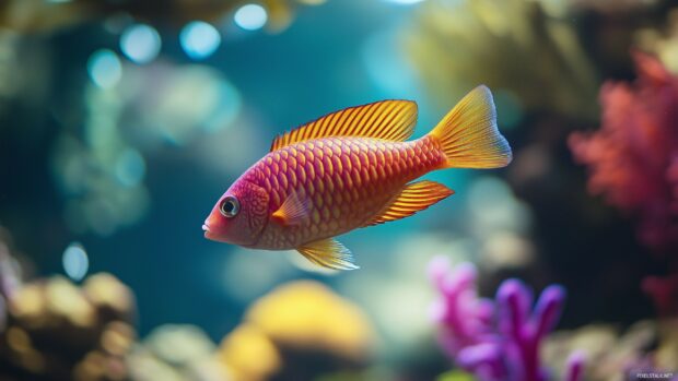 A realistic 3D fish swimming in a vibrant coral reef, its scales reflecting light, with clear water and colorful underwater plants around.