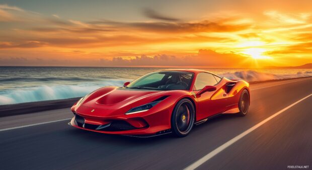 A red Ferrari sports car speeding along a coastal road at sunset, with the ocean waves crashing beside it.