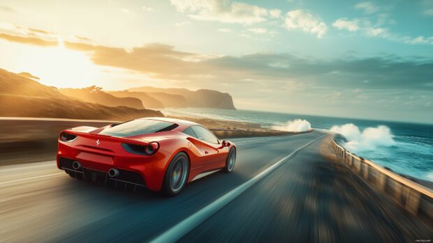 A red Ferrari sports car speeding along a coastal road at sunset, with the ocean waves crashing beside it, Cars Wallpaper 4K.