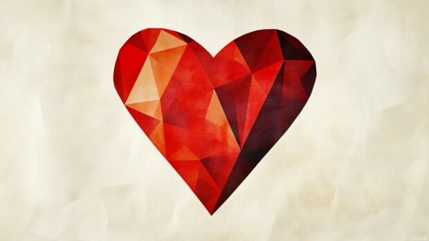 A red heart composed of small geometric shapes on a light cream background.