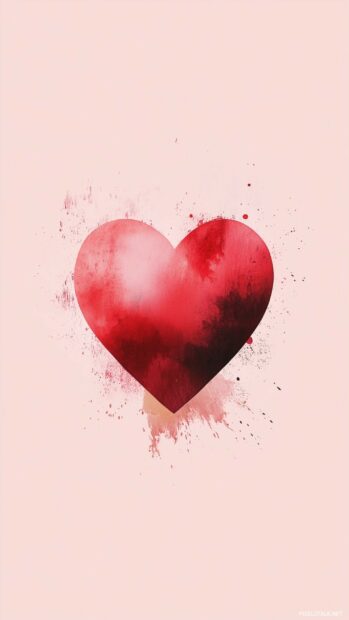 A red heart phone wallpaper with a watercolor effect gently blended into a light pink background.