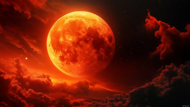 A red moon in a night sky filled with swirling clouds and stars.