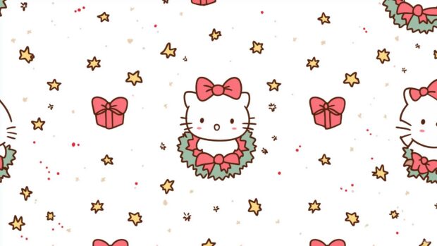 A repeating pattern of Hello Kitty with a Christmas wreath.