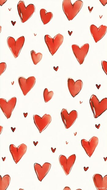 A repeating pattern of tiny red hearts scattered randomly on a crisp white background.