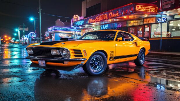 A retro 1970s Ford Mustang in bright yellow, parked in a vintage diner parking lot.