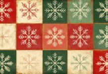 A retro Christmas wallpaper of a classic red and green Christmas card design with vintage typography, snowflakes, and a nostalgic holiday pattern (4).