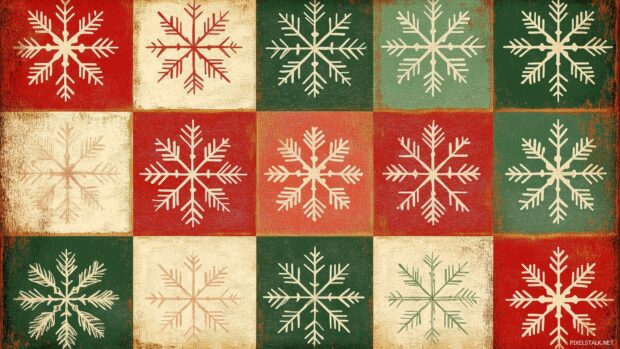 A retro Christmas wallpaper of a classic red and green Christmas card design with vintage typography, snowflakes, and a nostalgic holiday pattern (4).