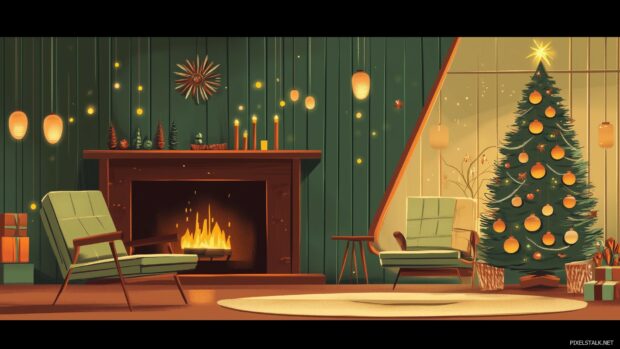 A retro Christmas wallpaper of a cozy living room with a vintage fireplace, a decorated tree with glowing ornaments, and a warm holiday atmosphere (2).