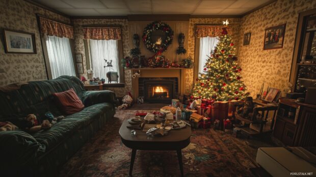 A retro Christmas wallpaper of a cozy living room with a vintage fireplace, a decorated tree with glowing ornaments, and a warm holiday atmosphere (3).