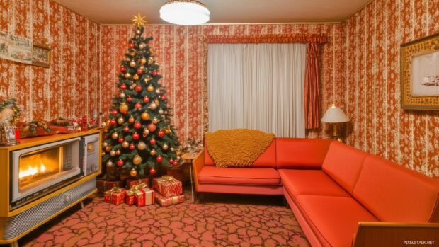 A retro Christmas wallpaper of a cozy living room with a vintage fireplace, a decorated tree with glowing ornaments, and a warm holiday atmosphere.