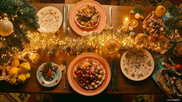 A retro Christmas wallpaper showcasing a 70s inspired holiday dinner table with retro dinnerware, tinsel garlands, and a cheerful festive vibe (2).