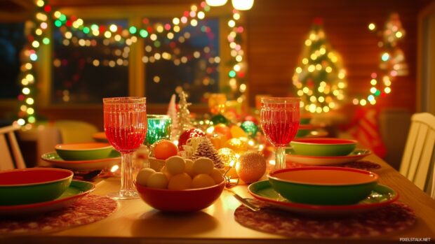 A retro Christmas wallpaper showcasing a 70s inspired holiday dinner table with retro dinnerware, tinsel garlands, and a cheerful festive vibe.