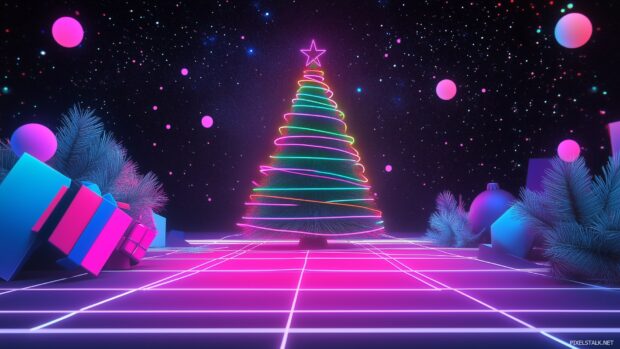 A retro Christmas wallpaper with an 80s inspired neon lit Christmas tree, bright colors, and geometric shapes creating a fun and festive holiday scene (2).