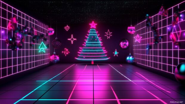 A retro Christmas wallpaper with an 80s inspired neon lit Christmas tree, bright colors, and geometric shapes creating a fun and festive holiday scene (3).