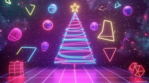 A retro Christmas wallpaper with an 80s inspired neon lit Christmas tree, bright colors, and geometric shapes creating a fun and festive holiday scene.