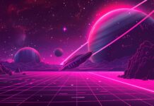 A retro futuristic space aesthetic laptop wallpaper with vibrant neon colors, showcasing a spaceship flying past a glowing planet and stars.