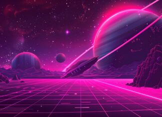 A retro futuristic space aesthetic laptop wallpaper with vibrant neon colors, showcasing a spaceship flying past a glowing planet and stars.