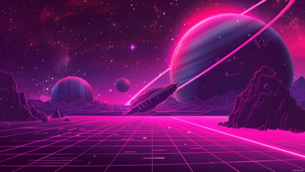 A retro futuristic space aesthetic laptop wallpaper with vibrant neon colors, showcasing a spaceship flying past a glowing planet and stars.