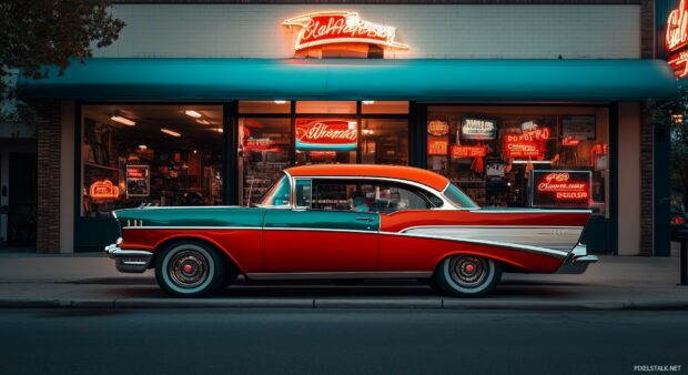 A retro style car parked by a diner with neon signs glowing in the background.