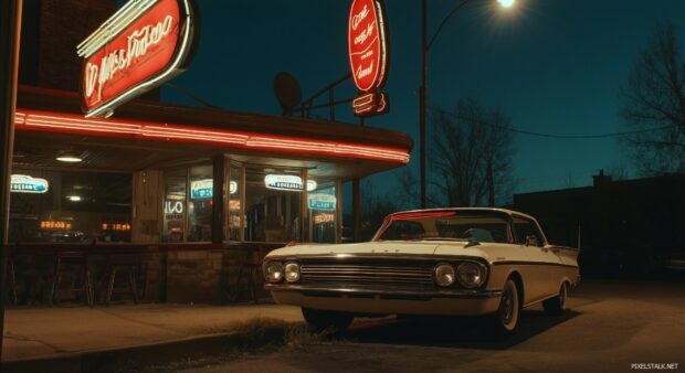 A retro style car parked by a diner with neon signs glowing in the background.