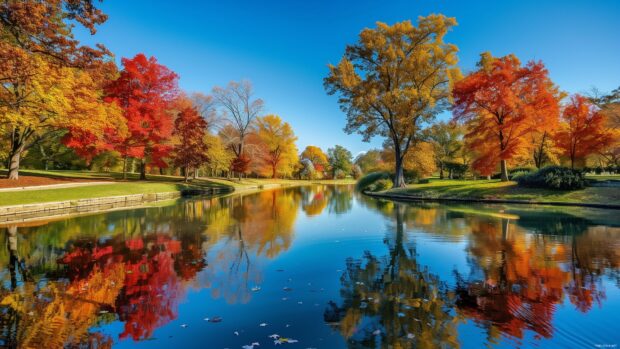 A riverbank in autumn, with colorful trees reflected in the water.