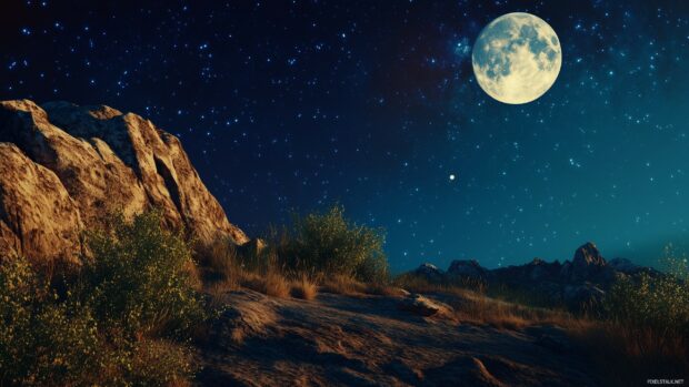 A rocky mountain landscape illuminated by soft moonlight under a clear, starlit sky.