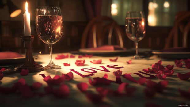 A romantic candlelit dinner scene, where the words I Love You are spelled out in rose petals on a tablecloth, with wine glasses and soft lighting completing the ambiance.