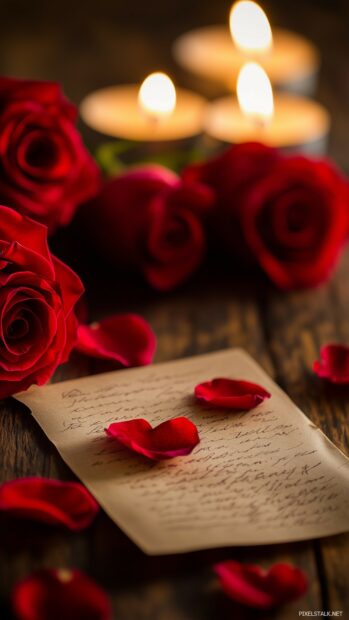 A romantic love letter written on parchment paper, surrounded by fresh red roses and delicate candles, creating an intimate atmosphere.