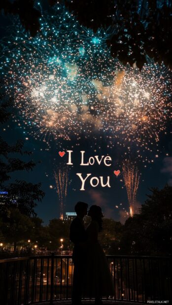 A romantic night scene with fireworks in the sky, where the words Love You are spelled out by the colorful bursts of light.