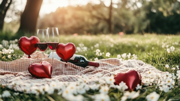 A romantic picnic setup in a park, with a blanket, wine, and heart shaped balloons, surrounded by blooming flowers and greenery, creating a perfect Lovers Day scene.