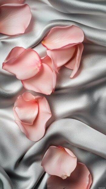 A romantic pink rose petal arrangement on a soft satin fabric background.