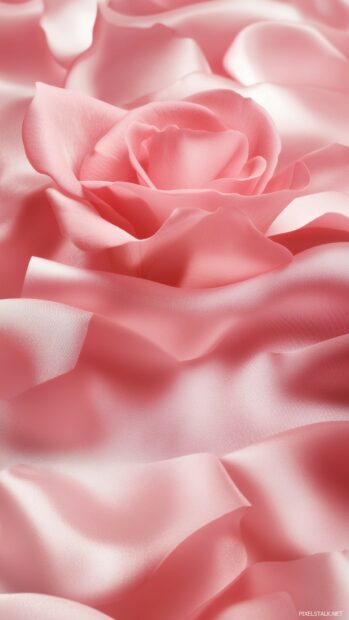 A romantic pink rose petal arrangement on a soft satin fabric background (2).