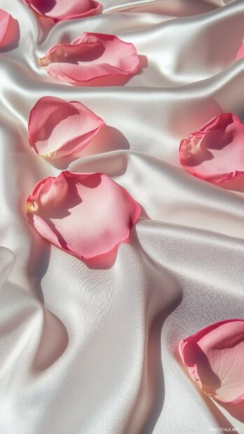 A romantic pink rose petal arrangement on a soft satin fabric background.