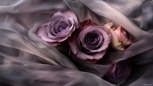 A romantic wallpaper of a bouquet of purple roses wrapped in sheer fabric, with gentle lighting highlighting the rich colors and textures of the flowers.