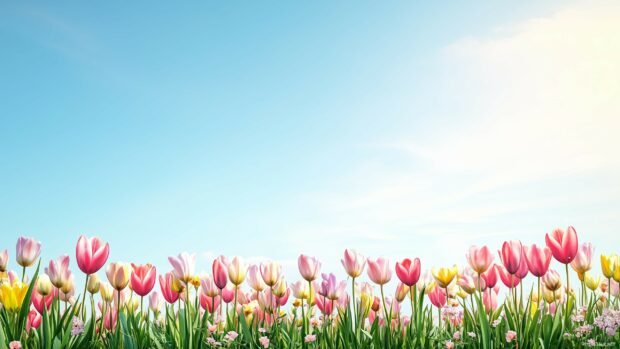 A row of pastel colored flowers at the bottom, with a clean blue sky.