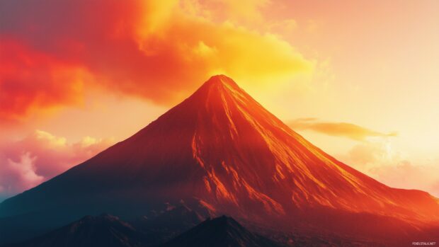 A rugged Mountain peak surrounded by fiery red and orange hues of a sunset.